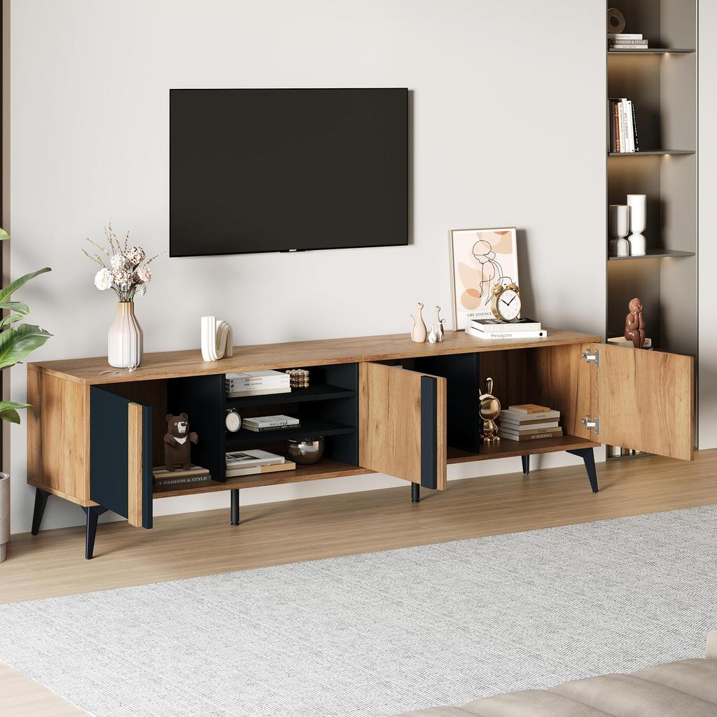TV-Schrank Fernseher bis zu 80 Zoll, Moderner TV Lowboard 3 offenem Fach, TV Kommode, Wohnzimmer Esszimmer, Braun & Schwarz, 180x40x50cm