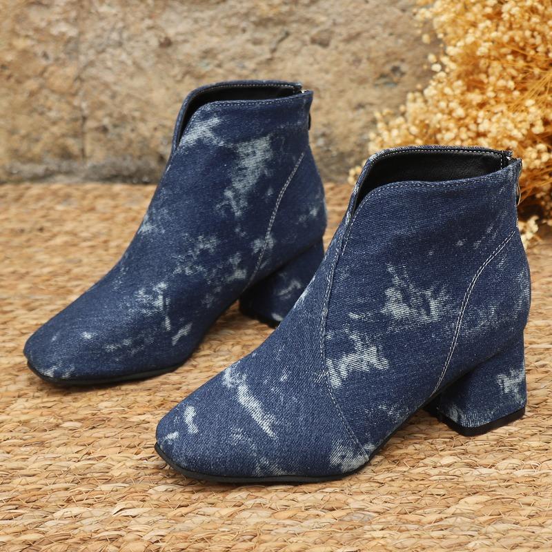 Fashion 2024 New Autumn Winter Women Ankle Boots Denim Upper Square Toe Modern Boots Back Zip Plaid Patchwork Western Boots