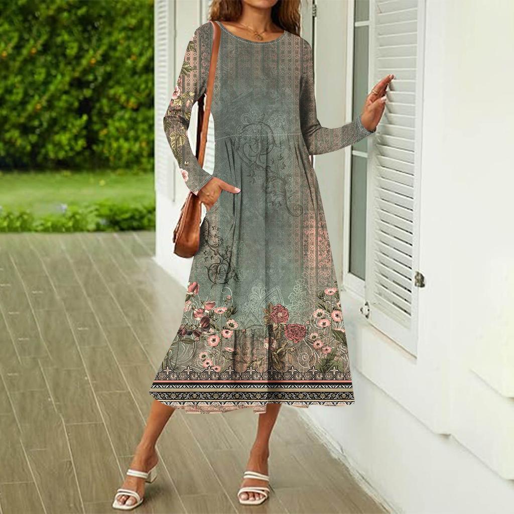 Женское повседневное платье с принтом, весна-осень, карман, круглый вырез, длинные рукава, платья