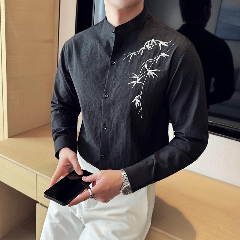 Мужская рубашка в китайском стиле с вышивкой, воротником-стойкой и длинными рукавами