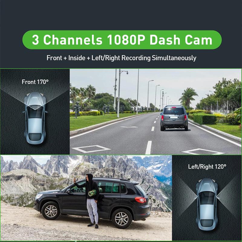 3 Channel Dash Cam Video Recorder Three Lens Front Back Left Car Camera with Rear View DVR 1080P Monitor Black Box Car Accessories