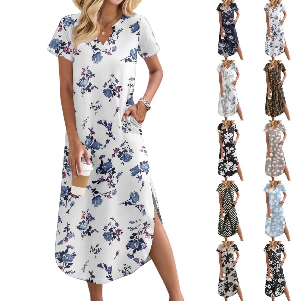 Women's Casual Comfortable V Neck Loose Hem Split Vacation Short Sleeve Floral Long Dresses