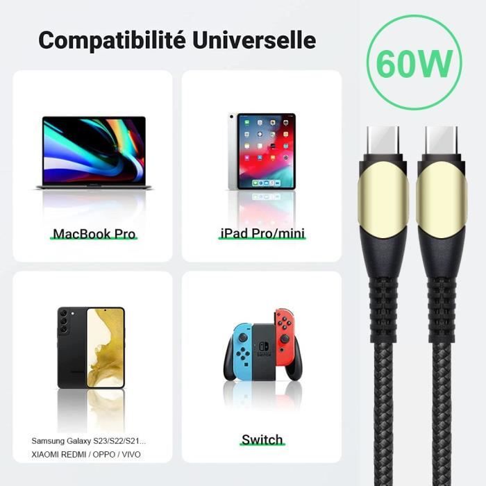 Câble USB-C vers USB-C Charge Rapide 60W pour iPhone 16 Pro Max - BOOLING - Nylon Renforcé Noir 1M