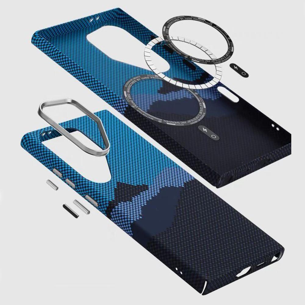 For Samsung Galaxy S24 Ultra Case Compatible with MagSafe Carbon Fiber Texture Water-Transfer PC Phone Cover