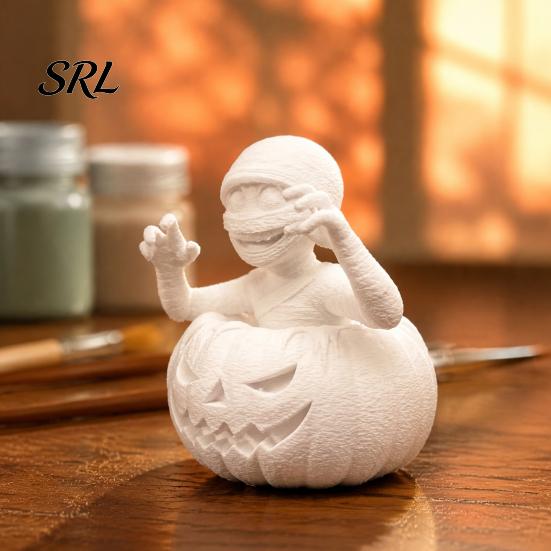Unique Tabletop Display Piece 3D Printed Pumpkin Boy Figurine, Unpainted White DIY Statue, Creative Halloween Party Supplies Mummy Sculpture,