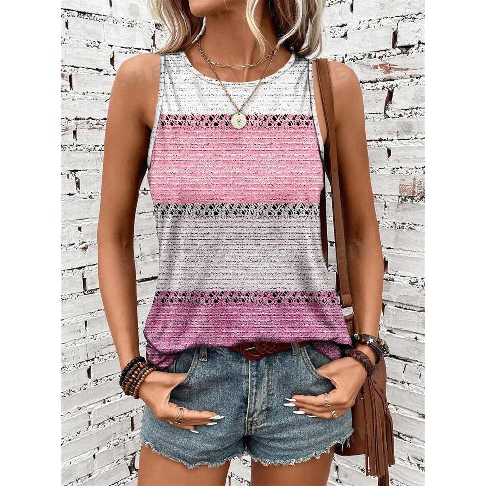 Vintage Striped Print Women's Tank Top Summer Casual Women's Elegant Crew Neck Tank Top Street Fashion Women's Sleeveless Top