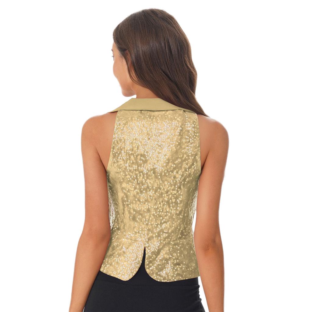 Женский стильный однотонный жилет с лацканами, без рукавов, с блестящими пайетками, вечерний топ для вечеринки, наряд для ночного клуба