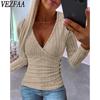 Women's Fashion Casual Spring Autumn Solid Color Print Long Sleeve V-Neck Blouses & Shirts