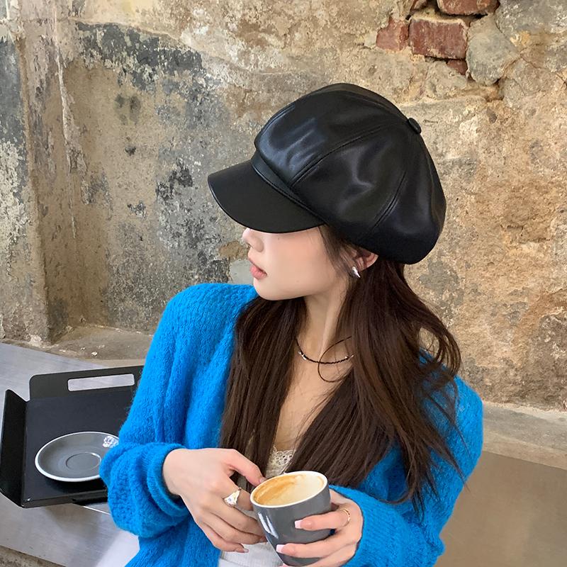 Восьмиугольная шляпа из искусственной кожи ягненка, женская осенне-зимняя высококачественная ретро-беретка, тонкая шляпа газетчика, шляпа литературного и ретро-художника