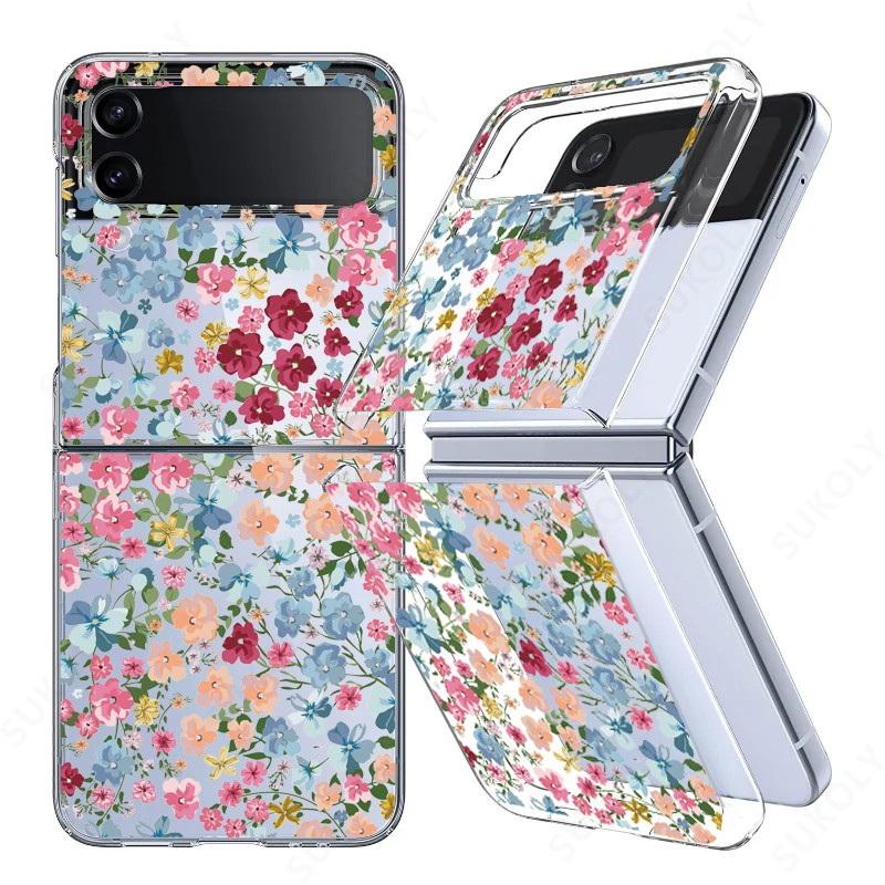 For Samsung Galaxy Z Flip5 Flip6 Flip4 Case Flower Pattern Shockproof Folding Transparent Cover For Samsung Galaxy Z Flip 5 4 3