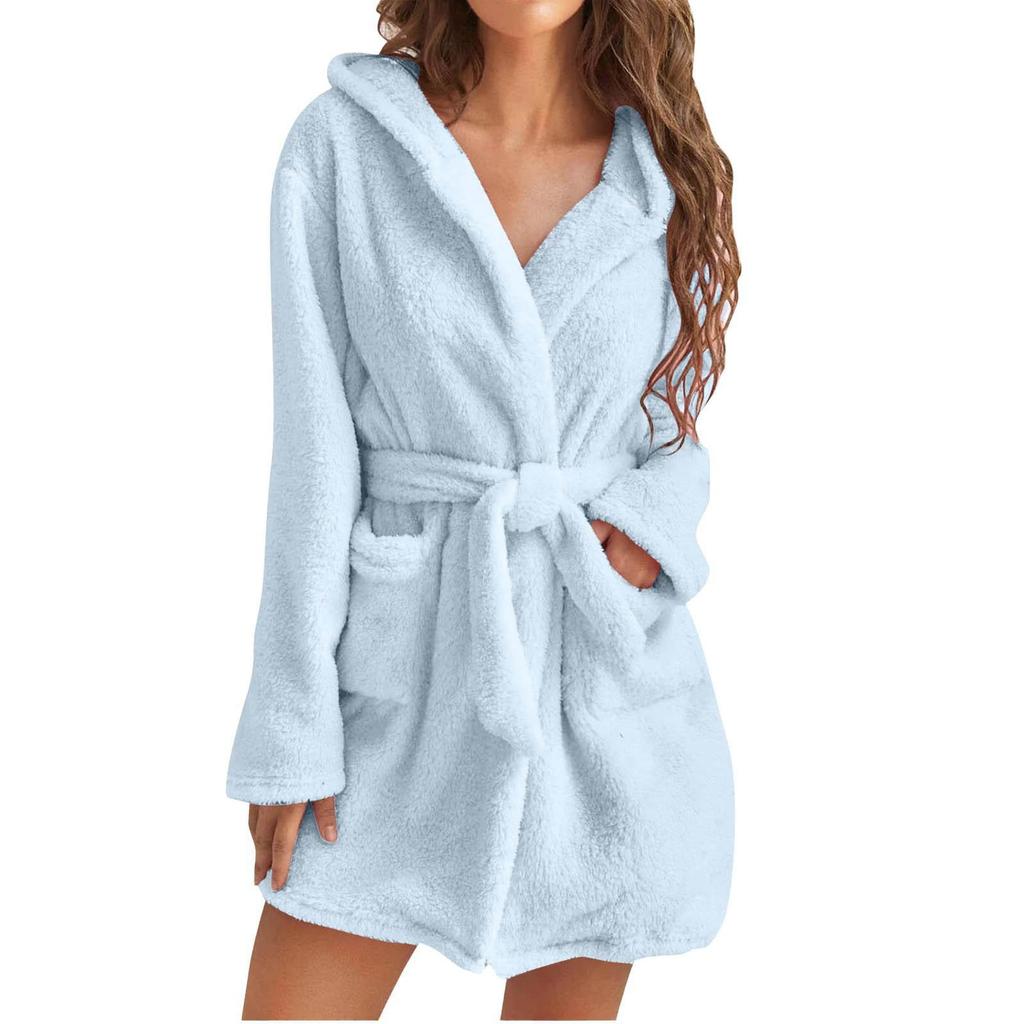 Women's Plush Hooded Bathrobe - Solid Color, Warm Pajamas for Autumn and Winter