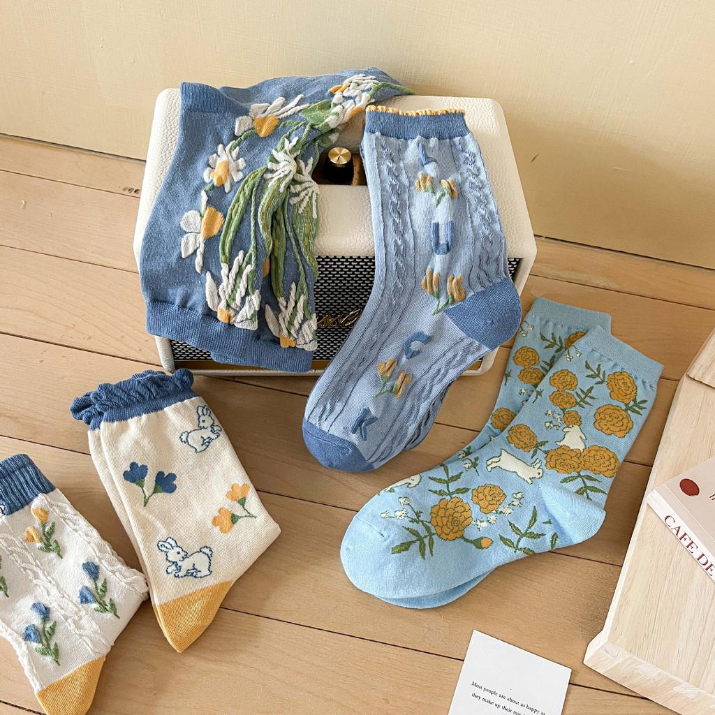 New Harajuku Retro Women Socks Japanese Fashion Vintage Long Socks Korean Style Floral Embroidery Kawaii Cute Ruffle Socks