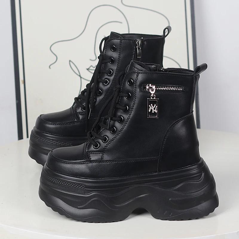 Модные 12 см кроссовки на платформе и танкетке из натуральной кожи, весна-осень, ботильоны до щиколотки, женские ботильоны смешанных цветов на скрытой платформе