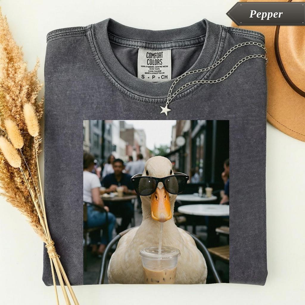 Funny Duck Drinking Iced Coffee Shirt, Animal Meme Tee, Sarcastic Gift, Duck Lover Gift, Trendy Graphic Tshirt, Iced Coffee Fan Gift
