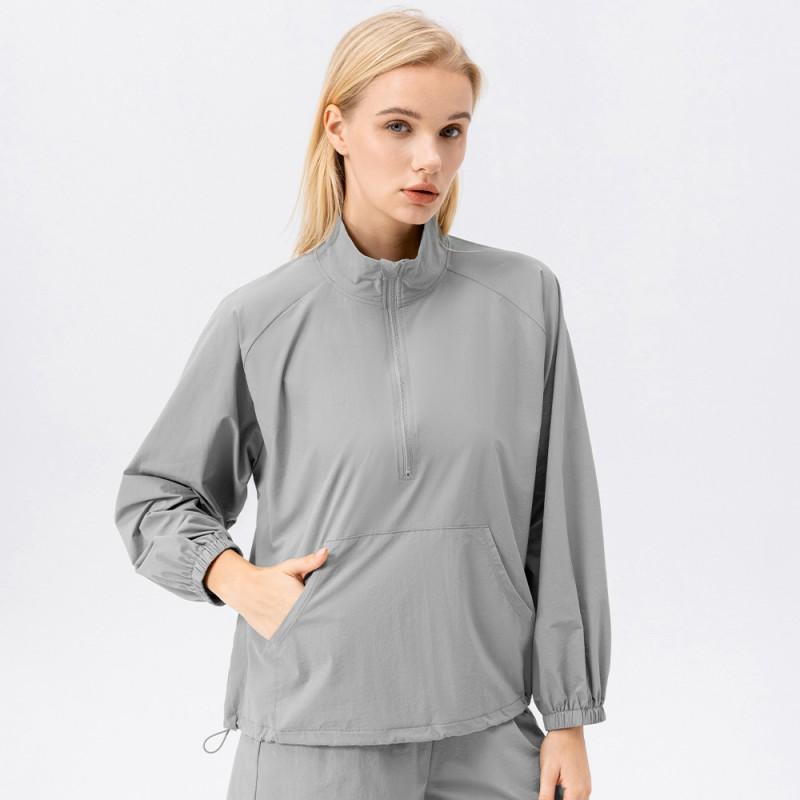 Womens Long Sleeve Quick-Dry Athletic Hoodie Stand Collar Half-Zip Loose Fit Running Gym Fitness Cycling