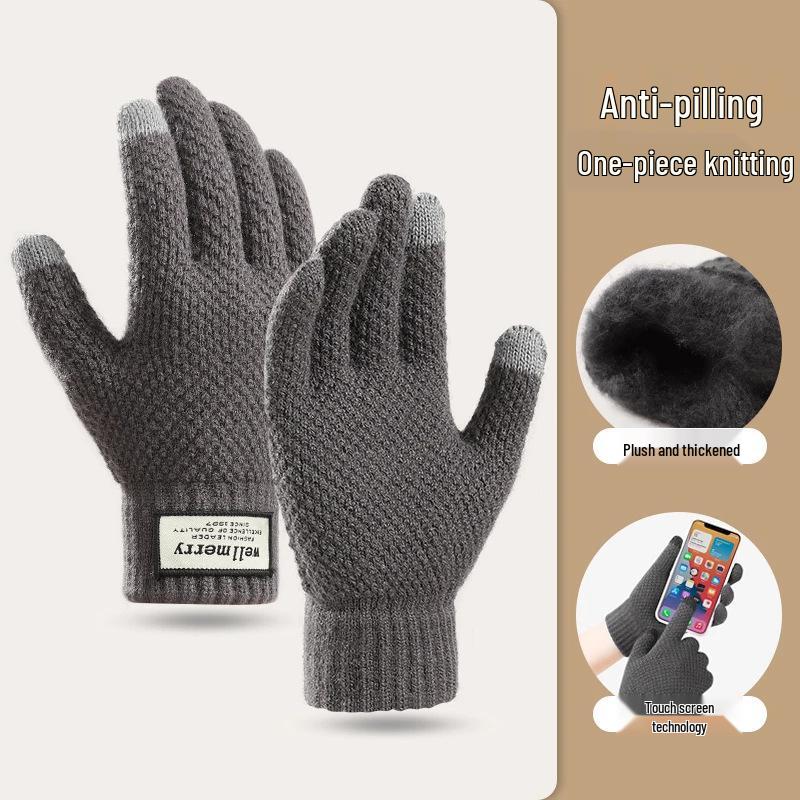 Men's and Women's Thickened Wool Touchscreen Gloves - Knitted, Velvet-Lined, Cold-Proof for Autumn and Winter Riding