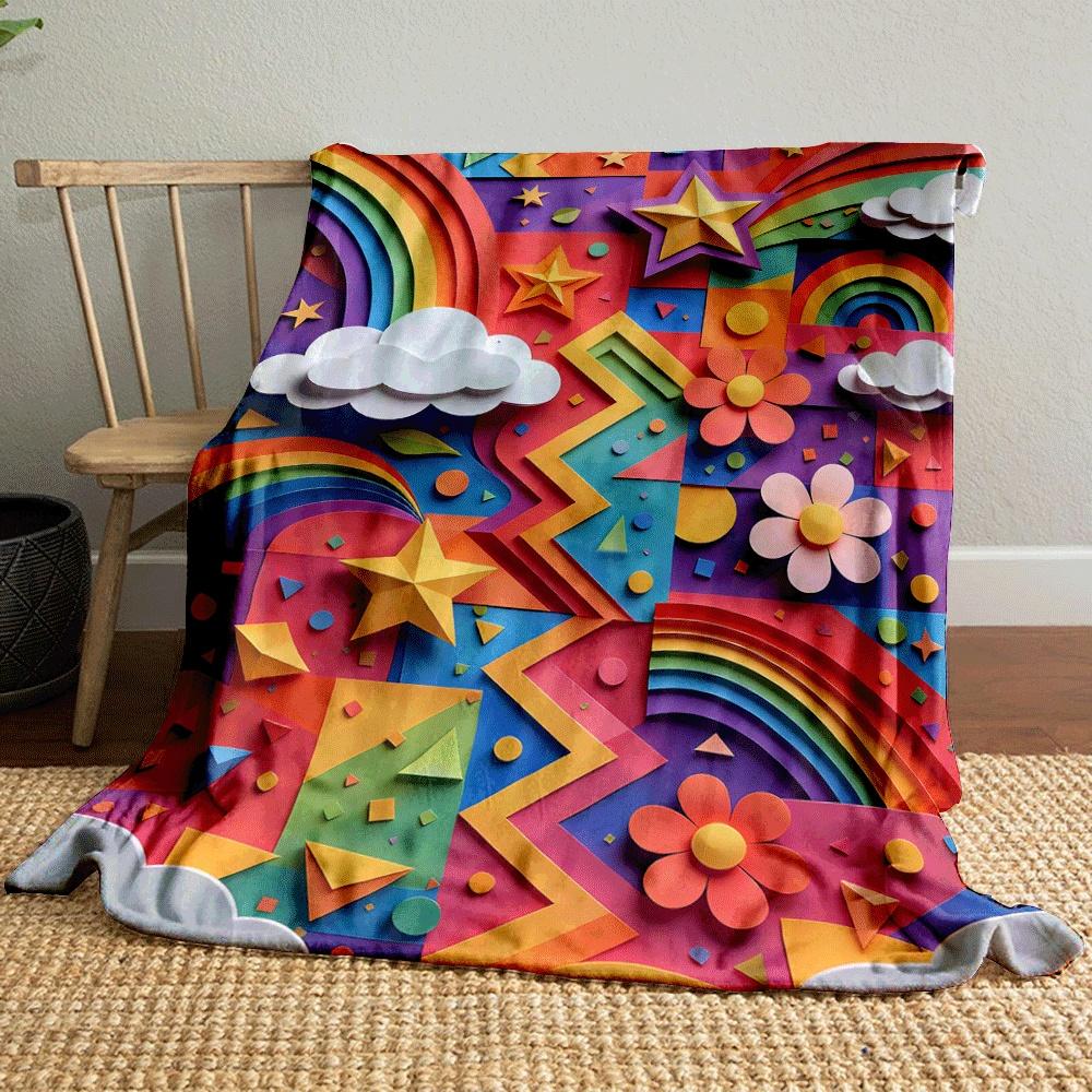 Colorful geometric patterns with stars, rainbows, clouds, and flowers. for all seasons blanket lunch break throw gift