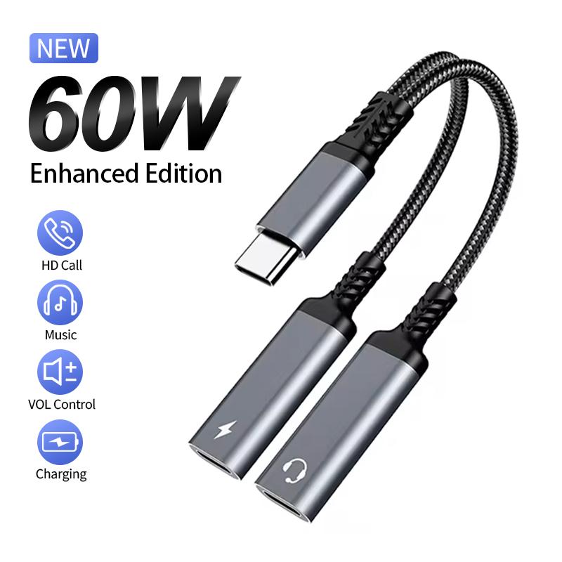 Xiaomi OTG 2-в-1 USB C разветвитель на два USB C разъема для наушников, аудиоадаптер, PD 60W быстрая зарядка для Samsung Huawei IPhone15 Xiaomi