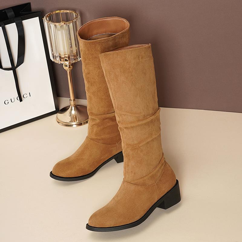 Европейские и американские длинные сапоги 2024 года, осень и зима, новые замшевые сапоги на среднем каблуке со складками, высокие сапоги для женщин Zapatos De Mujer Trafza