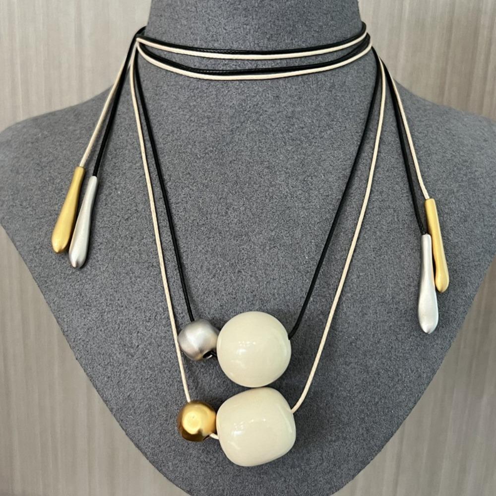 Korean Style Cord Necklace Aesthetic Trend Choker Layered Bead Pendant Necklace Charm Chokers