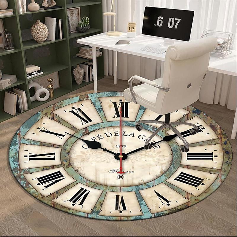 Vintage Cafe Clock Design round carpet Chair cushion Round Entryway Rug, Soft Round Rugs for Living Room, Bedroom, Circle Carpet decor gifts