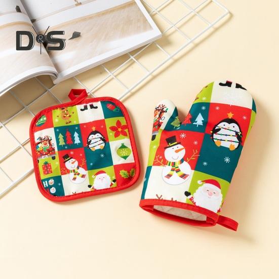 1 Set Baking Glove Cartoon Pattern Christmas Glove Heat-resistant Oven Glove with Mat for Home Kitchen