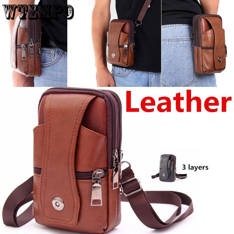 WTEMPO 3 Layer Leather Men's Mobile Phone Waist Bag Men's Multifunctional Waist Belt Crossbody Hanging Bag Outdoor Sports Leather Bag
