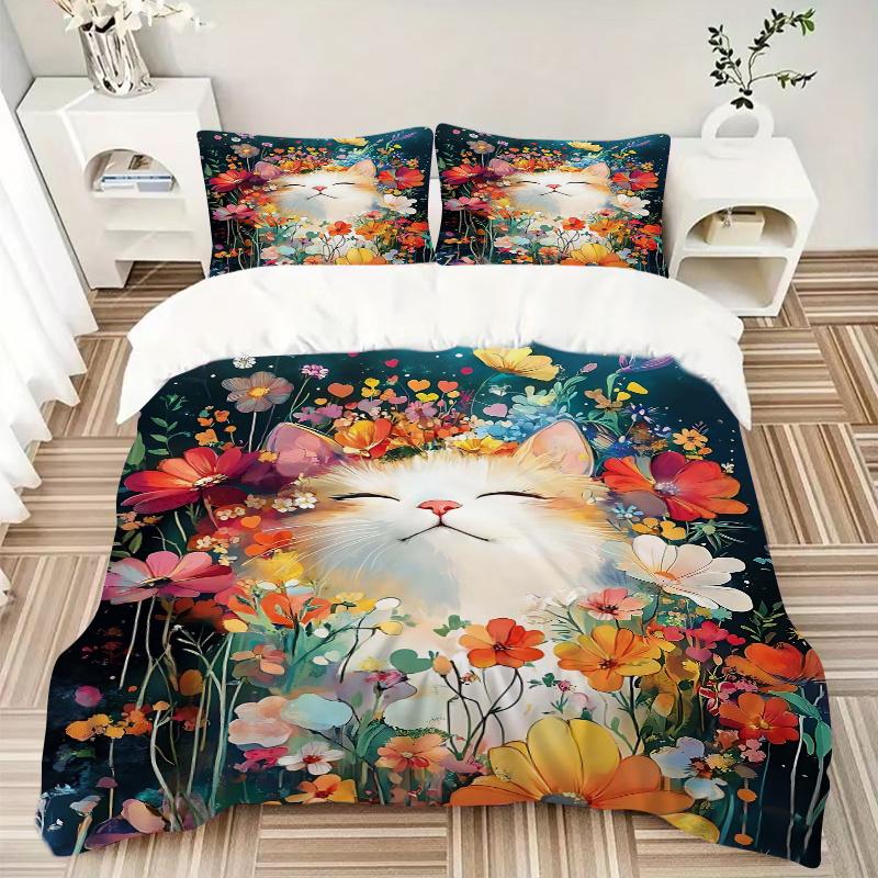 3pcs Colorful Art Cat & Flowers Quilt Cover Set - Soft and Cozy Bedroom, Guest Room and Dorm Decorative Bedding 3-Piece Set 1 Quilt Cover + 2 Pil