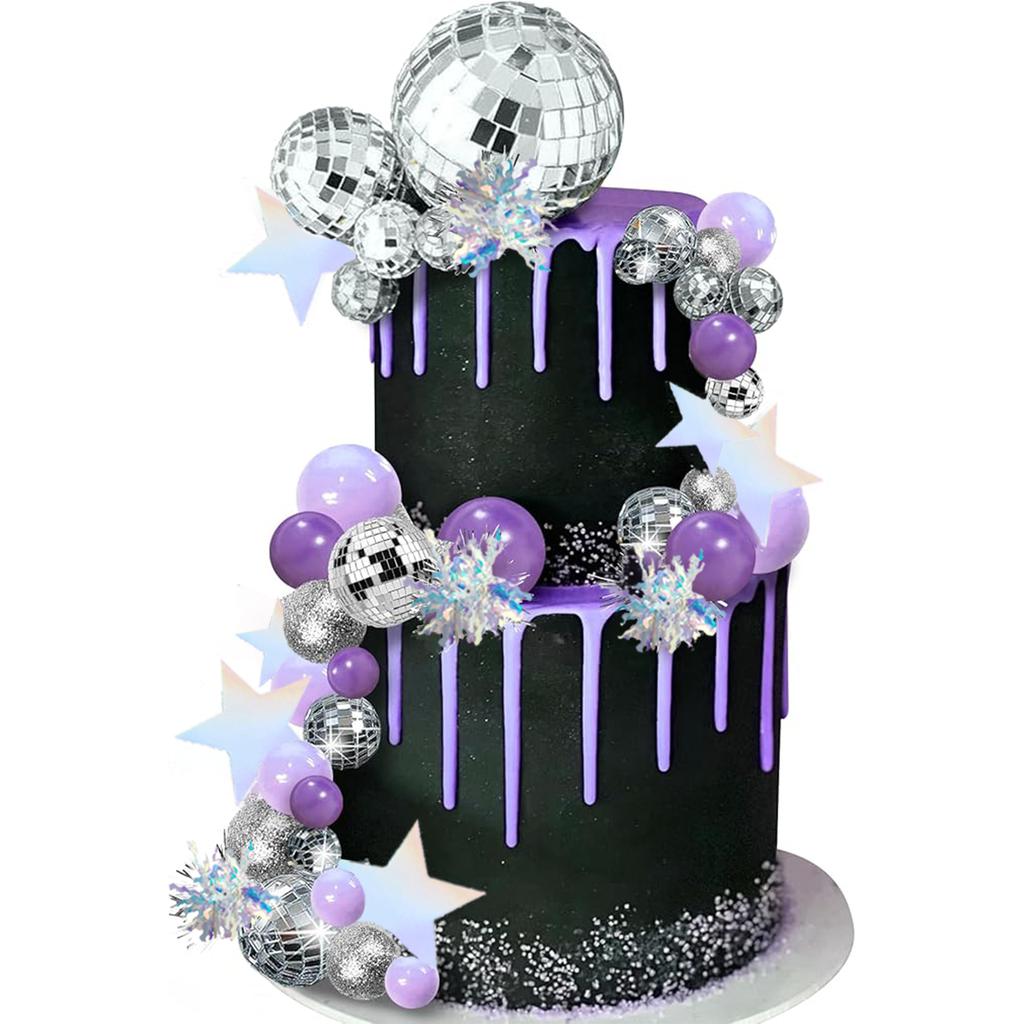 Disco Ball Cake Topper Mirror Balls Cake Decorations with Silver Stars Cake Topper for 70s 80s Disco Dance Party Supplies