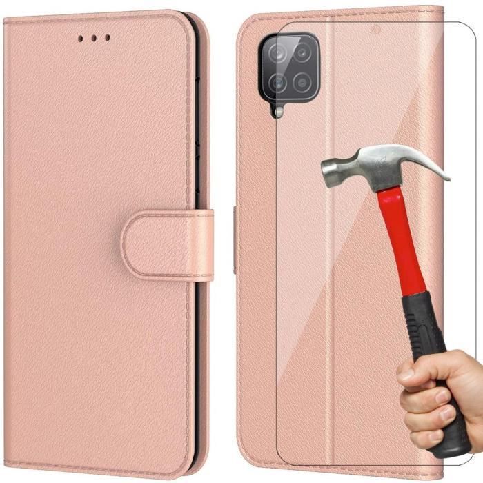Coque et Verres Trempés - Booling - pour Samsung A22 4G - Rose - Effet Cuir - Anti Rayure