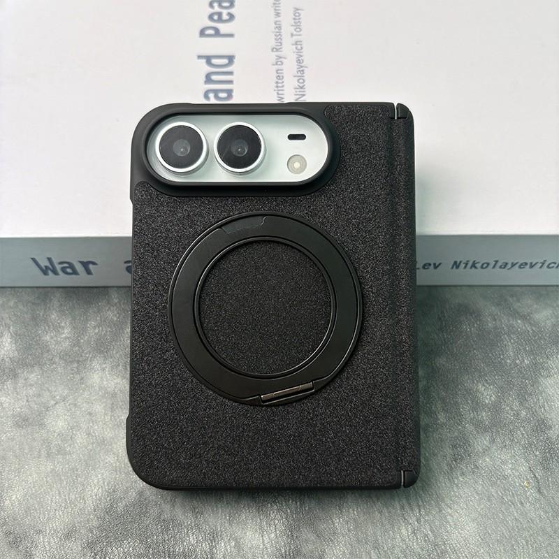 IPhone 18 Duo Foldable Phone Case With 360 Rotating Stand Magnetic Mid-Hinge Full-Body Leather Cover Anti-Drop Protection