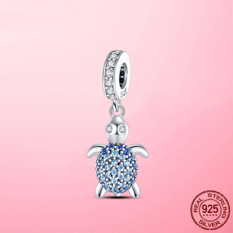 Summer New 925 Silver Blue CZ Sea Turtle Tortoise Charms Pendant Fit Bracelet Original DIY Charms Beads Jewelry
