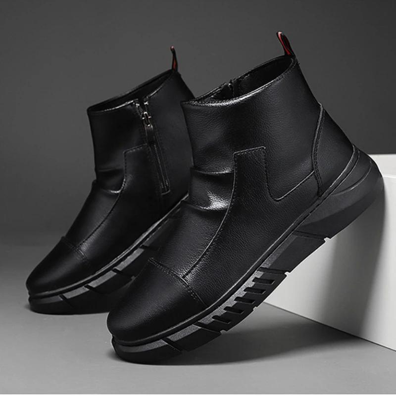 Мужские ботинки, зимние новые черные высокие ботинки, плюшевые, теплые, в британском стиле, удобные, нескользящие, из искусственной кожи, на молнии
