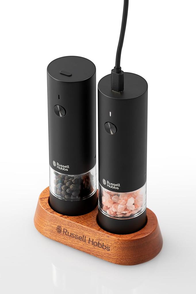 Russell Hobbs Electric Rechargeable Salt & Pepper Grinder, Adjustable Coarseness, Mini Size, 2-Pack, Black, 7942JP-BK