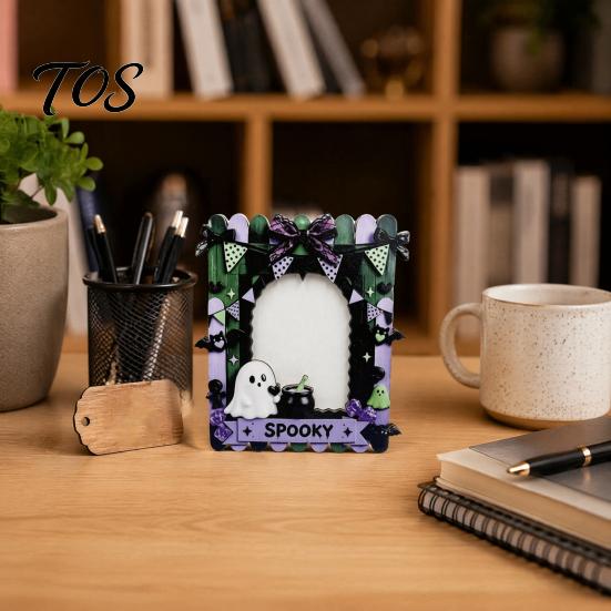 Lightweight Wood Frame Halloween Wooden Photo Frame, Cute Ghost Butterfly Cat Tabletop Decor Desktop Ornament with Stand, Sweet Kawaii Pumpkin Picture