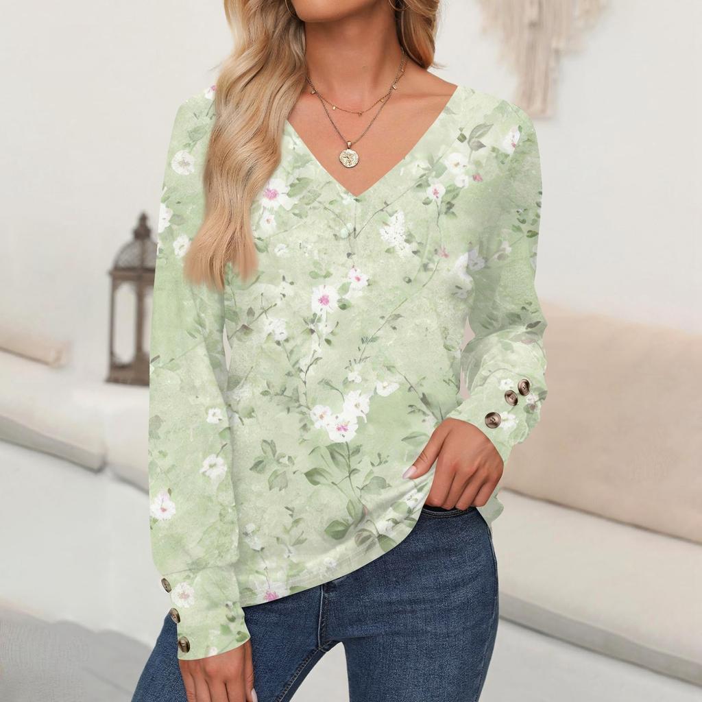 Женские топы с цветочным принтом, рубашка с длинным рукавом и V-образным вырезом, повседневная свободная футболка, осенняя одежда