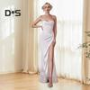 Women Evening Dress Spaghetti Strap Low-cut Off Shoulder Backless Sleeveless Slit Hem Pleated Maxi Dress Satin Wedding Banquet Ball Gown