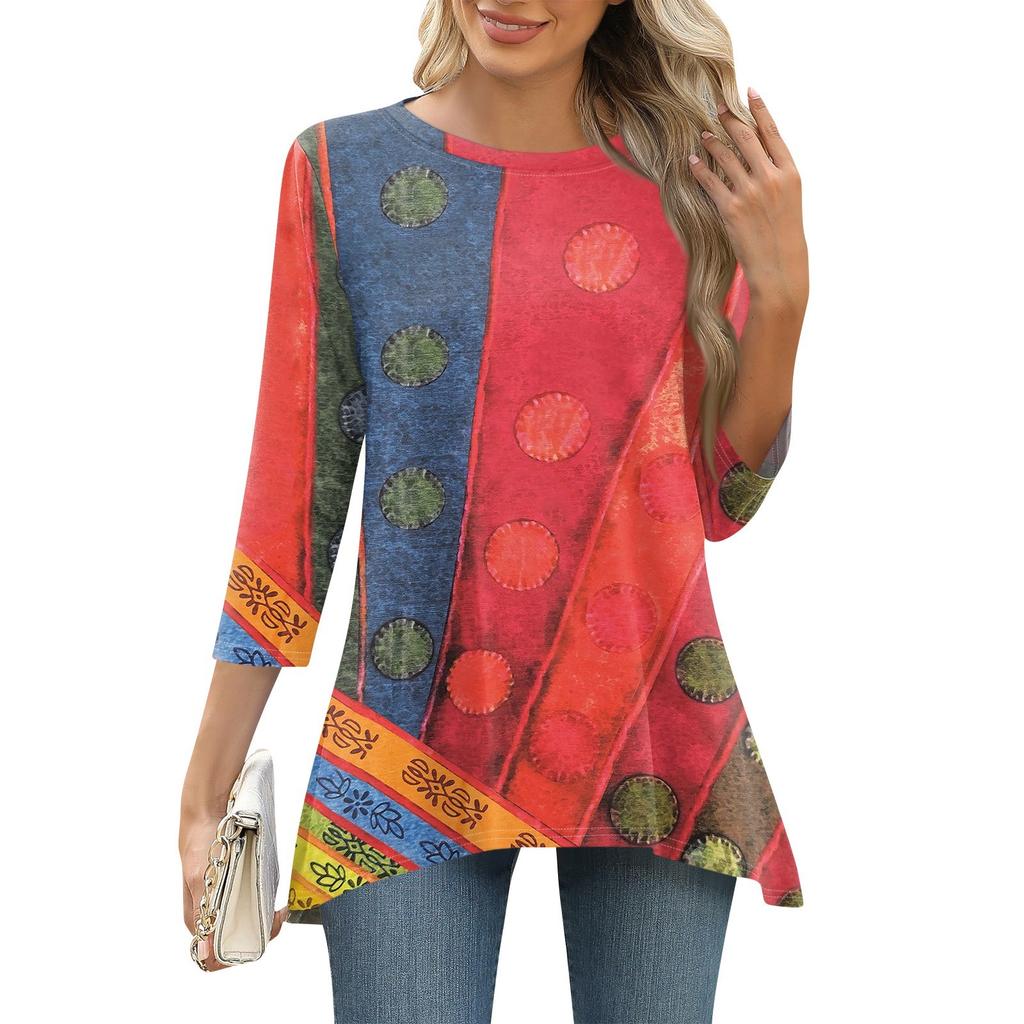 3/4 рукав туника топы для женщин принтованный повседневный выходной свободный крой модная базовая футболка с круглым вырезом
