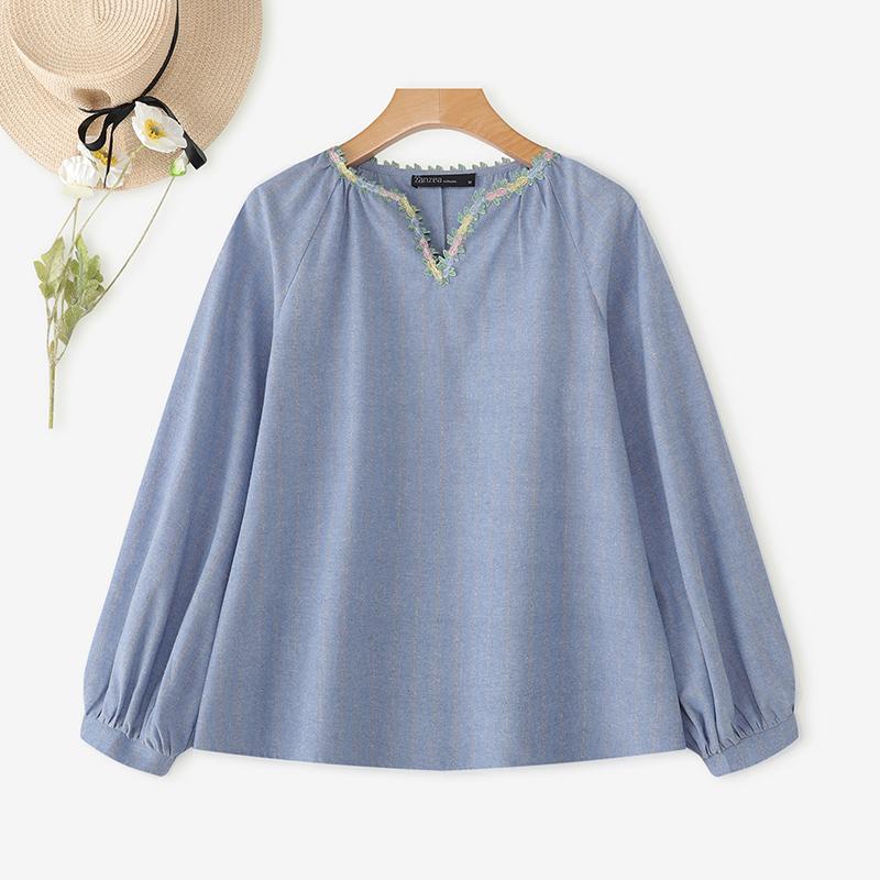 ZANZEA Женская блузка с V-образным вырезом, свободного кроя, с длинным рукавом