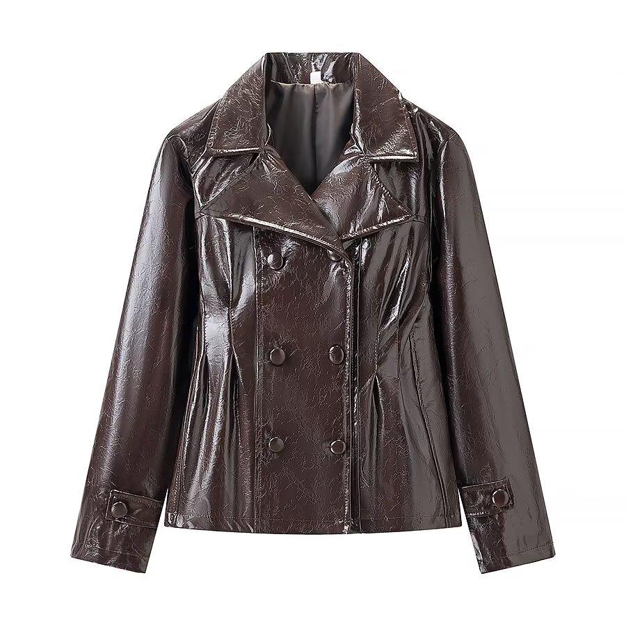 Women's Street Style Leather Suit: Double-breasted Waist-cinching Jacket & A-line Skirt Set