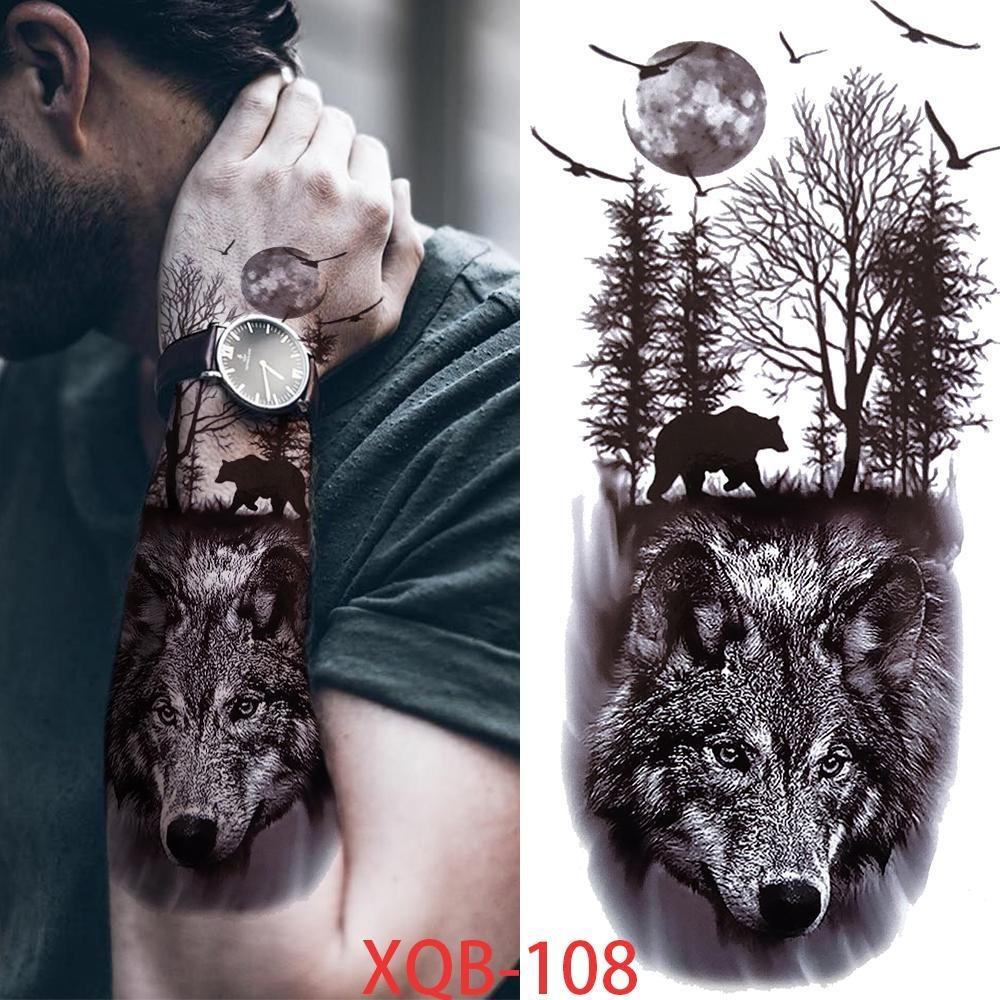 1 PC 210*114MM Cat Geometry Black Temporary Tattoos For Men Women Black Forest Skull Tiger Wolf Tattoo Sticker Evil Devil Arm Tattoo