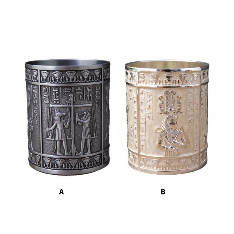 Retro Egyptian Embossed Pen Stand Cylinder Shape Alloy Pen Cup Desktop Organiser Storage Box for Office Desk Decoration