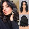 Women Fashion Short Water Wave Wig with Bangs Synthetic Fiber Shoulder Length Wavy Wig Cosplay Daily Wear