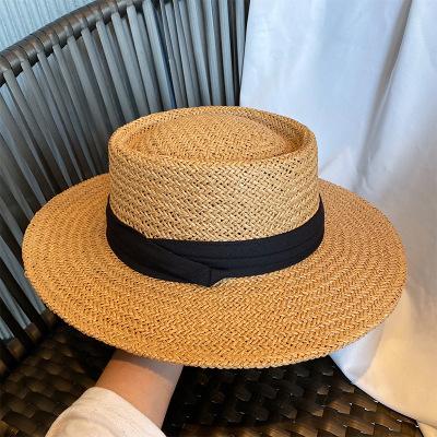 French Flat Top Hat Women's Summer Straw Hat Holiday Lafite Woven Beach Hat Internet celebrity Sunscreen Shade British Top Hat