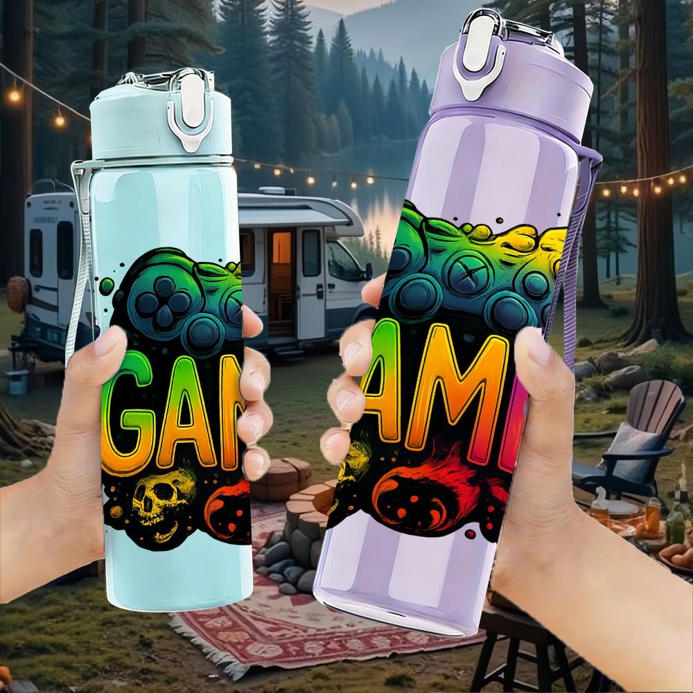 1PC Colorful Gamer Letter Design 750ml Color Plastic Sports Water Bottle Leakproof Flip Straw Lid Suitable for Sports Office Home Use