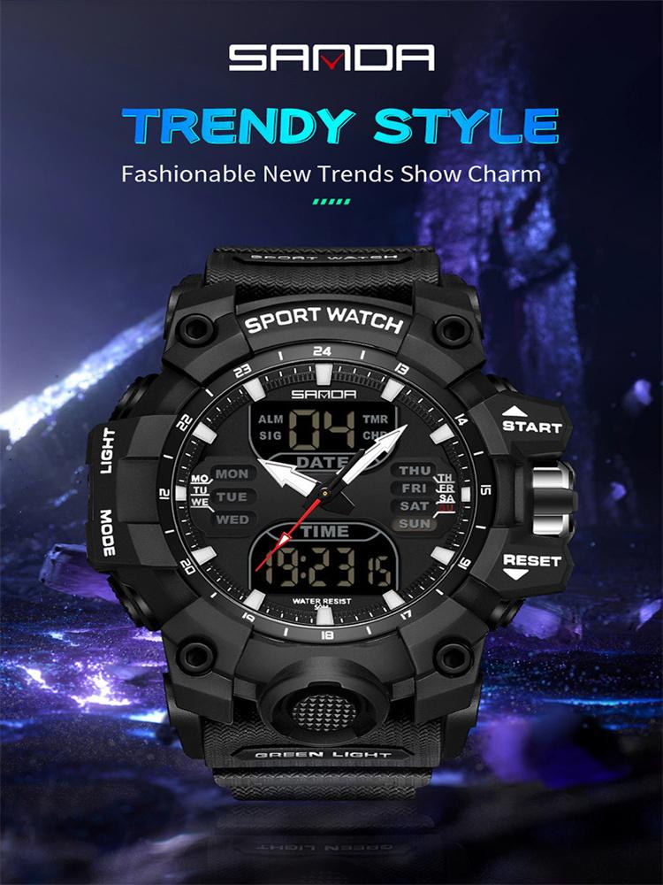 SANDA 6126 Новый продукт Будильник Многофункциональные Мужские Модный тренд Корейская версия Водонепроницаемые Ударопрочные Наручные часы
