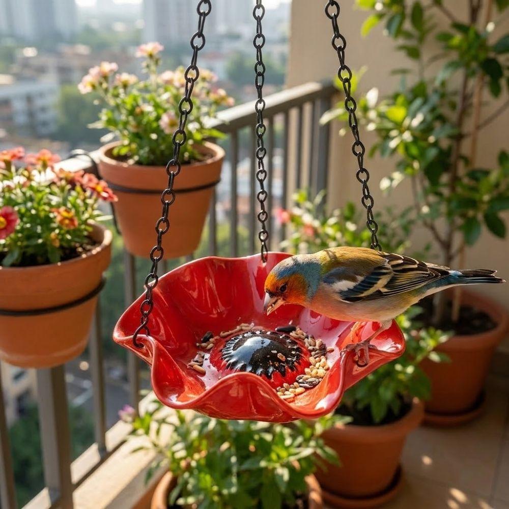 Large Capacity Hanging Bird Bath Iron Art Hummingbird Feeder Bird Feeding Tray Outdoor Garden