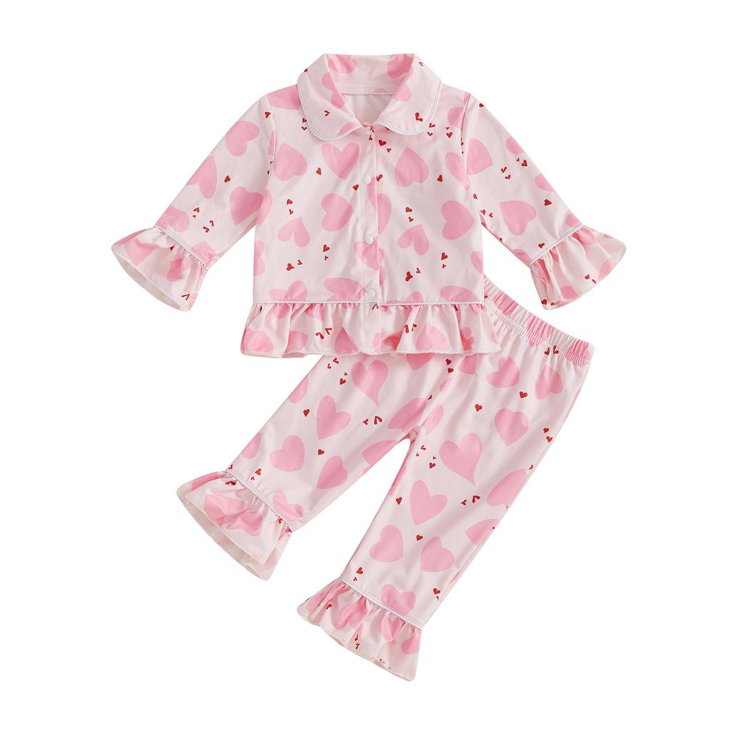 Kids Girls Pajamas Set Heart Print Long Sleeves Shirt and Elastic Pants for Loungewear Sleepwear