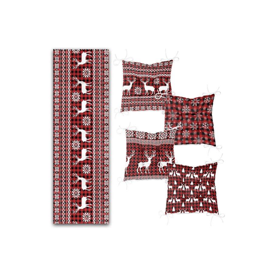 Набор подушек для стула с новогодним тематическим принтом оленя / 4 квадратных подушки для стула 40×40 см и 1 дорожка