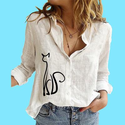 Женская модная блузка с длинным рукавом, женская стойка с принтом, повседневная рубашка из хлопка и льна на пуговицах
